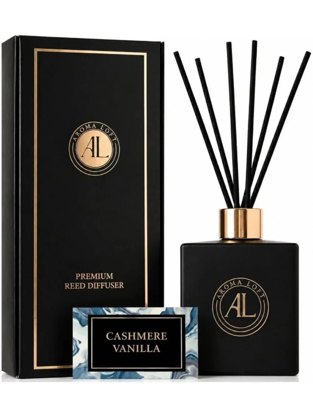 Premium Black Reed Diffuser Set | Long-Lasting Cashmere Vanilla Scent for Home